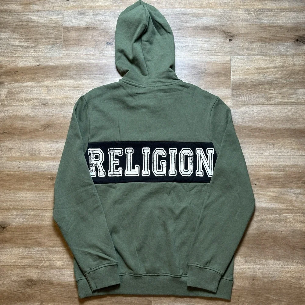 True‎ Religion Pullover Hoodie Mens Large Bronze Green Contrast Panel 700022 New